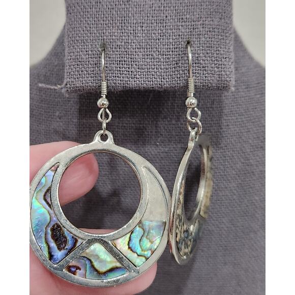 Silver Inlaid Abalone Shell Round Dangle Fish Hook Earrings 2.5 Inches Long - Picture 2 of 4